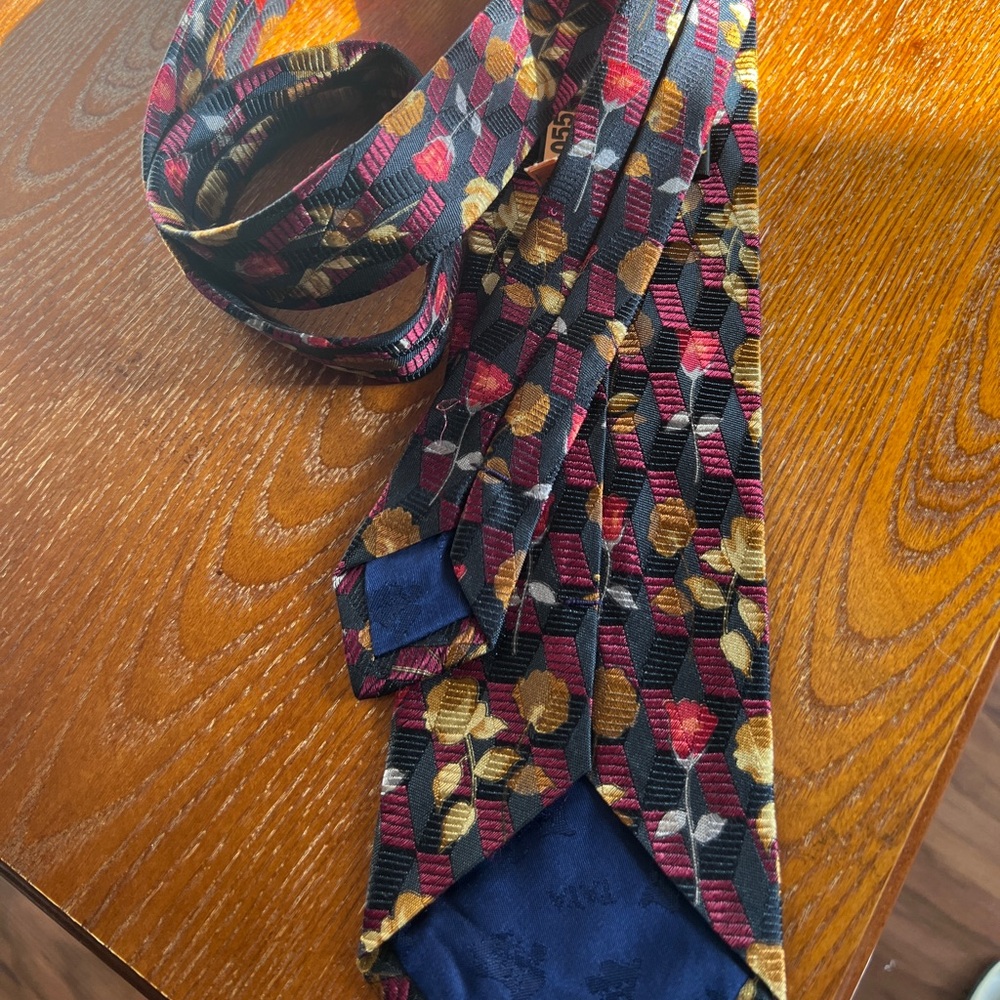 Floral Geometric Silk Tie - Black, Red, Gold , Italy